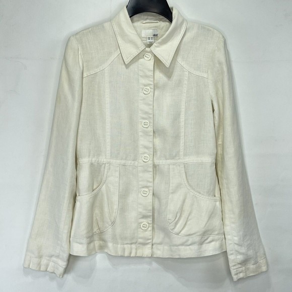 H&M Womens Jacket Blazer Sz 6 Linen Beige Button Front Long Sleeve - Picture 16 of 16